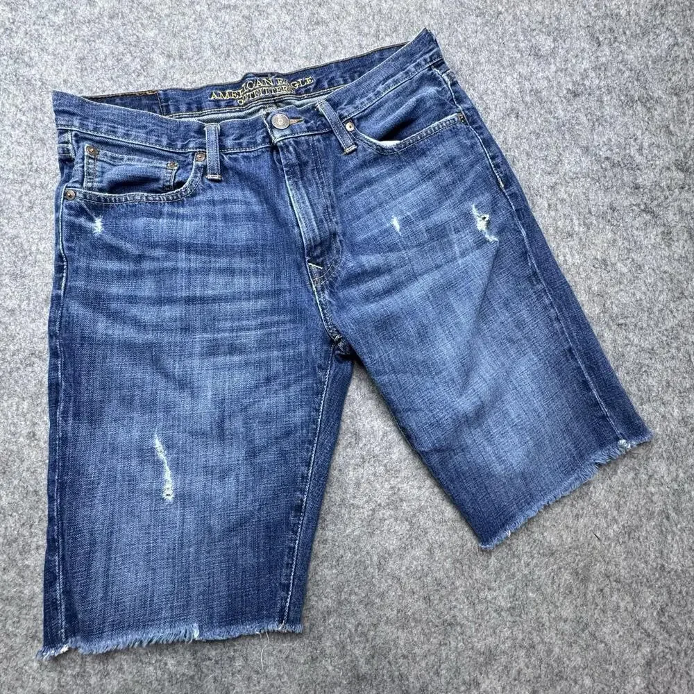 American Eagle Outfitters Shorts Mens 33 Blue Denim Bermuda Distressed Cutoff